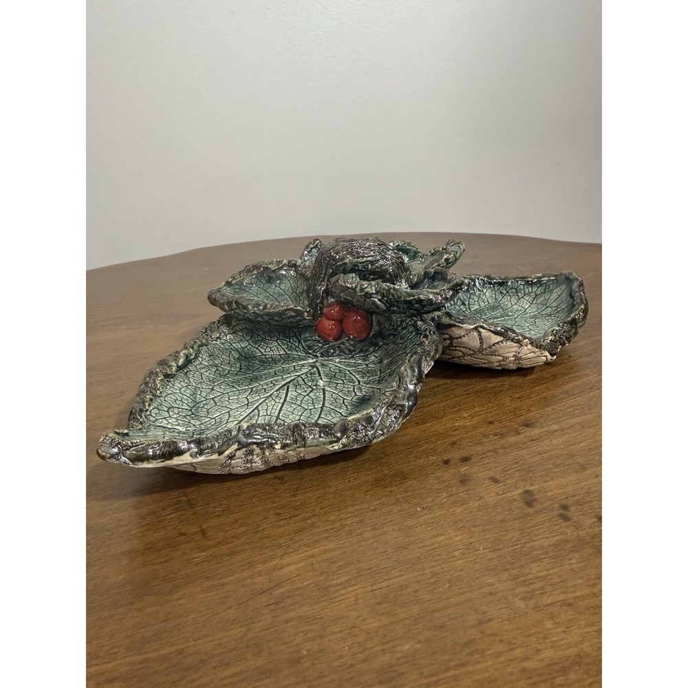 Handmade Green Leaf Pottery Footed Dish Charcuterie Display With RedBerry Accent - Picture 3 of 5